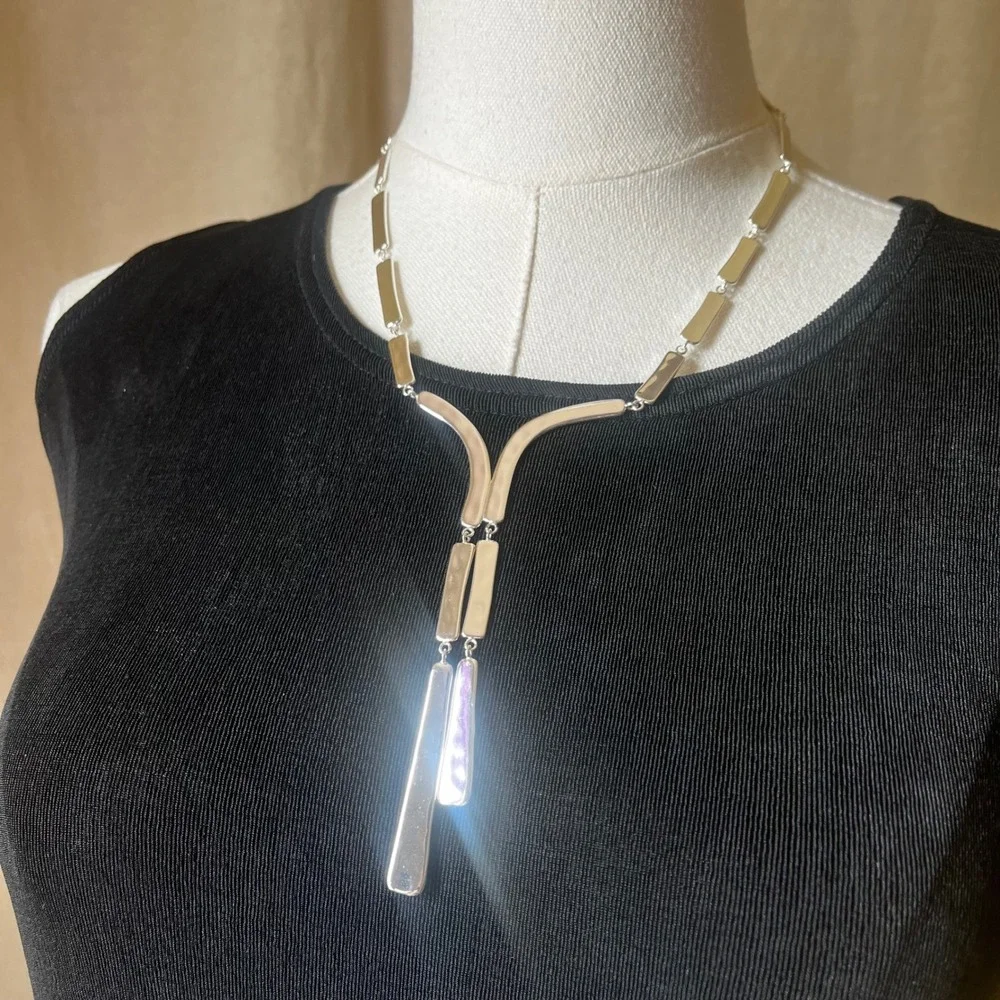 RLM Studio Hammered‎ Silver Tone Modernist Drop Necklace Statement Sculptural